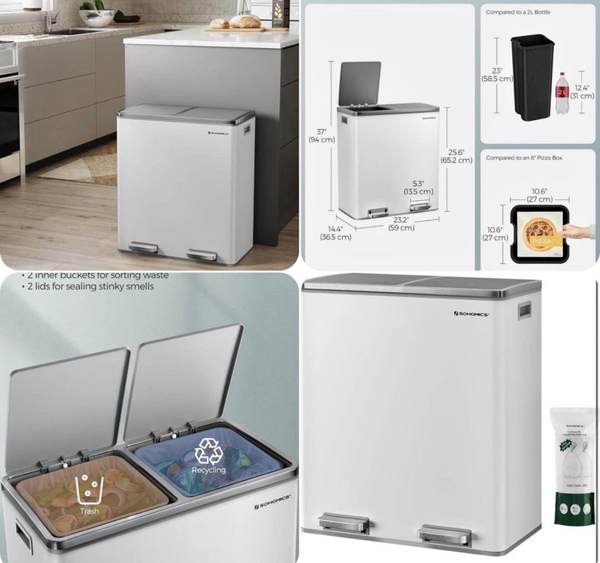 Trash Can, 2 x 8 Gallon (2 x 30 L) Garbage Can for Kitchen, with 15 Trash Bags, 2 Compartments, Plastic Inner Buckets and Hinged Lids, Air