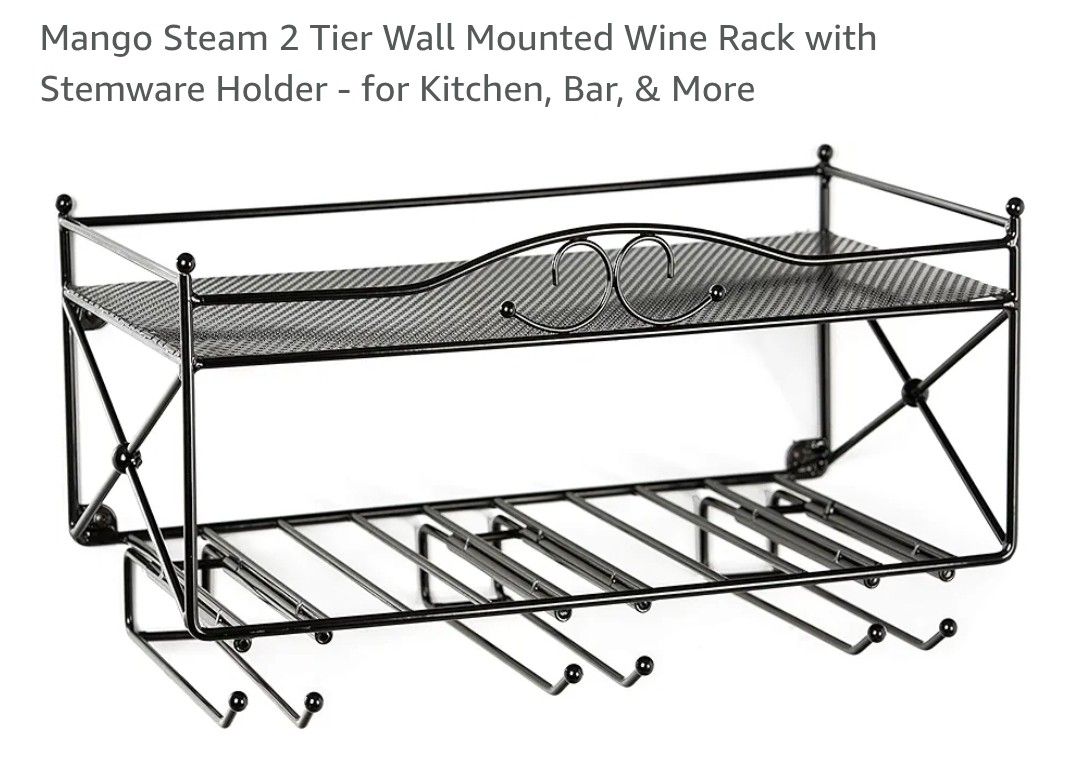 Mango Steam 2 Tier Wall Mounted Wine Rack with Stemware Holder - for Kitchen, Bar, & More