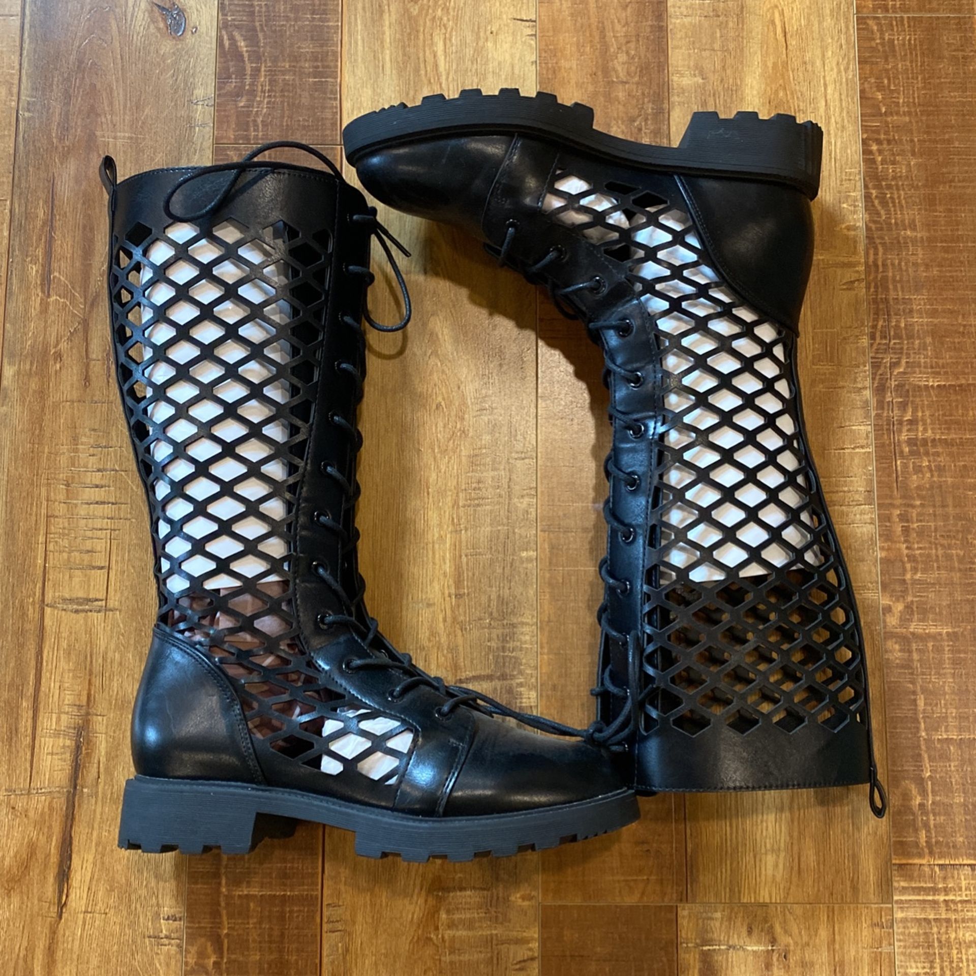 Women’s Fishnet Black Leather Boots