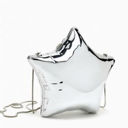 Zara Reflective Chrome Metallic Star Box Clutch Balloon Crossbody Bag