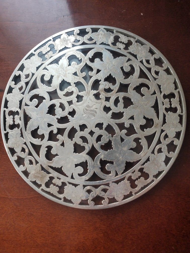Antique Art Deco Webster Glass and Sterling Silver Overlay 6” Trivet