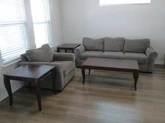 Gray Living Room Furniture Set – Sofa, Chair & 3 Tables