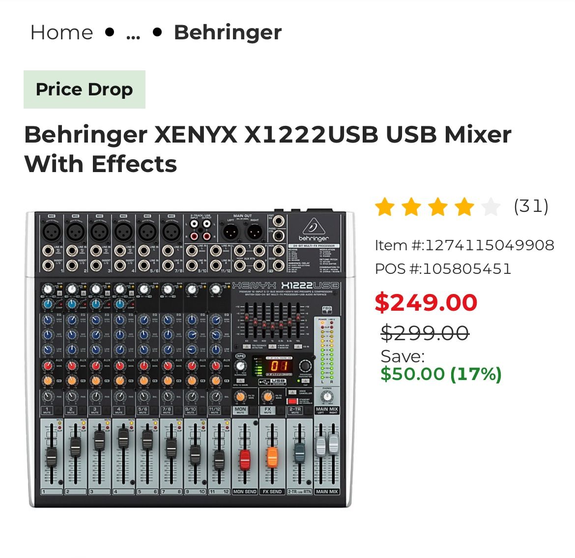 Behringer XENYX X1222USB USB Mixer With Effects