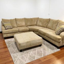 🚚 FREE DELIVERY - Cozy Beige Sectional Sofa with Ottoman