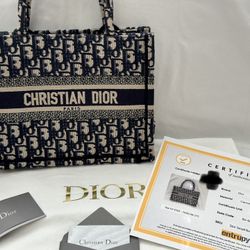 Authentic Dior Small Book Tote Ecru & Blue Embroidery w/ Entrupy Certificate 