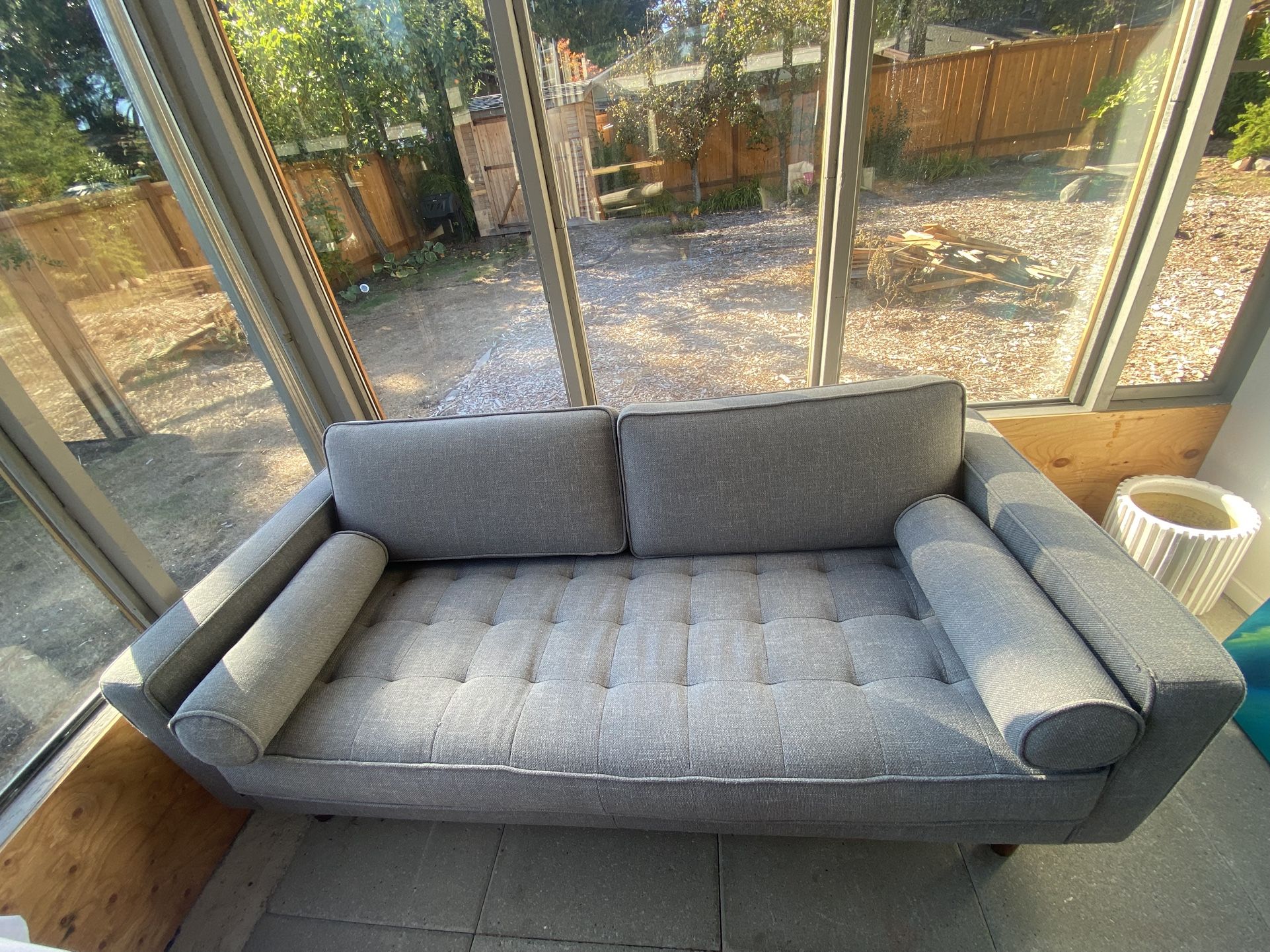 Mid-Century Gray Couch, Faux-Walnut Fireplace TV Stand, Lamp & More