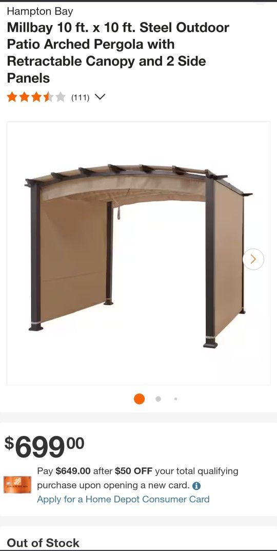 Hampton Bay Millbay 10 ft. x 10 ft. Steel Outdoor Patio Arched Pergola with Retractable Canopy