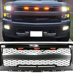 2014 2015 Chevy Silverado 1500 Gloss Black Front Bumper Upper Grille W/ Lights Grill Assembly 