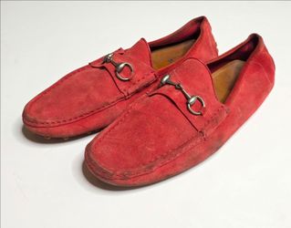 Gucci Horsebit suede leather driving loafer shoes in red