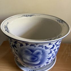 FLORAL CERAMIC PLANT POT With WATER HOLE And DISH