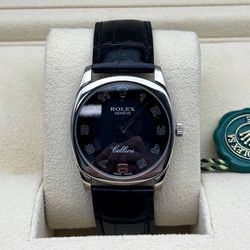 Rolex CELLINI CESTELLO 32mm 18k white gold black crocodile bracelet smooth bezel black/grey Arabic dial 4233 watch box appraisal