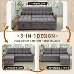 Convertible Sofa Bed, Sectional Sleeper Sofa with Storage Chaise, L-Shaped Couch for Living Room, Dark Gray Chenille
