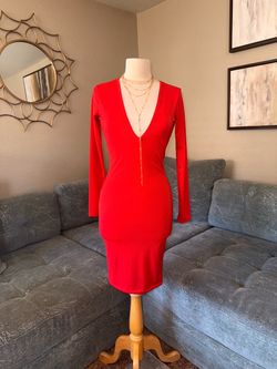 Red Long Sleeve Deep V-Neck Bodycon Dress