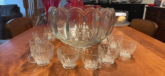 Heavy Moulded Glass Punchbowl Set with Ladle and 13 Cupd