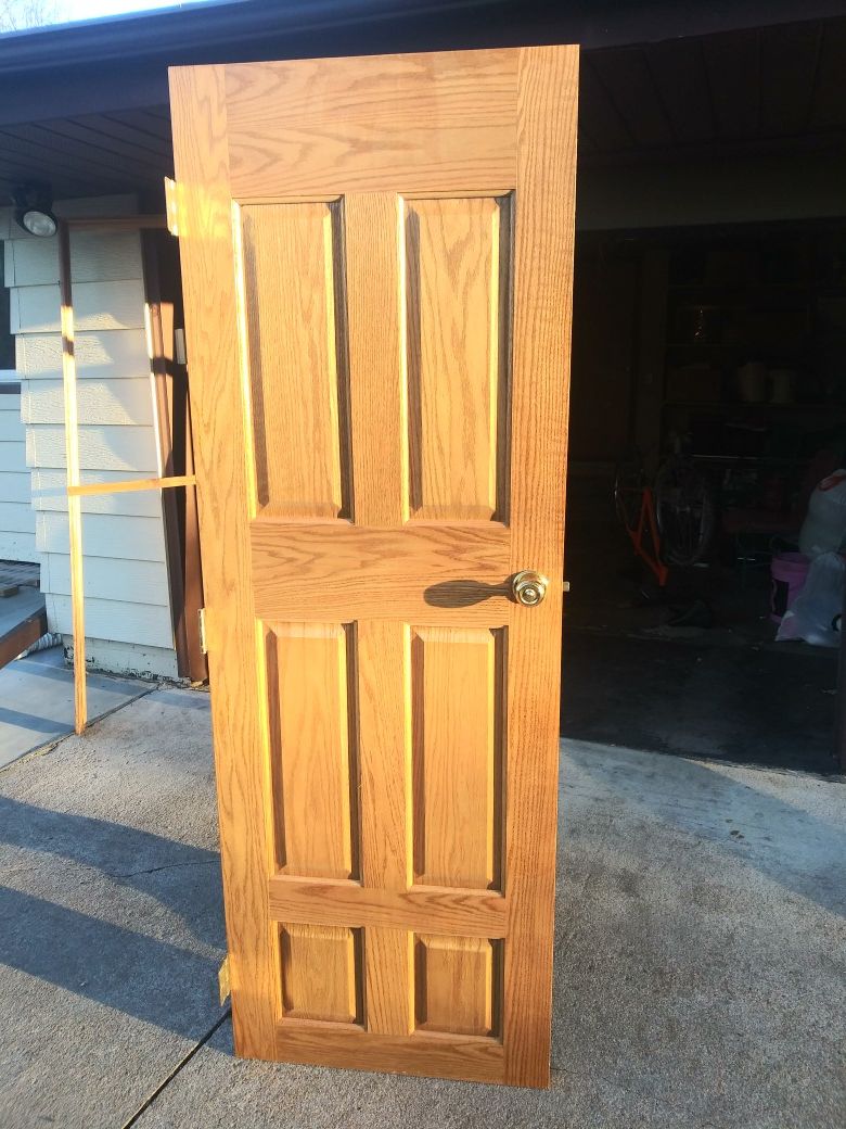 Solid oak 6 panel interior doors, 1 36- in 2 27 in and 1 24-in in