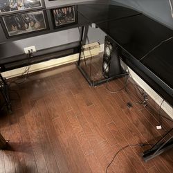 2 “L” shaped, black glass, Z frame desks