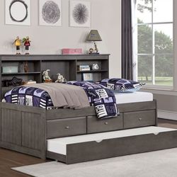 Brand New Grey Twin Size Bed Frame w Trundle Bed + Drawers (Available In Full Size)