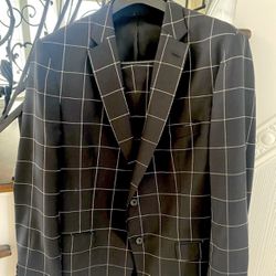 🕴Hugo Boss Suit Black W/ White Window Panel Pattern 44R/36R