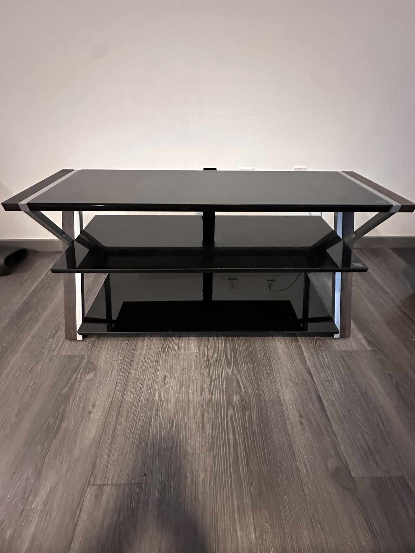Modern X‑Frame TV Stand w/ 2 Glass Shelves