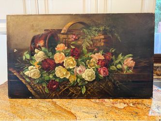 Vintage Large Floral Oil Painting – Basket of Roses Still Life