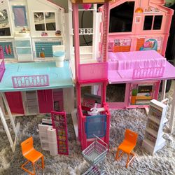 Barbie Doll House Playset, + Free Barbies! 3-Story Townhouse with 4 Rooms & Rooftop Lounge, Furniture & Accessories Including Swinging Chair 