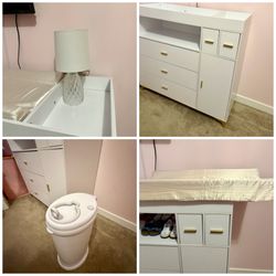White Changing Table Dresser Gold Handles Nursery + Diaper Garbage And Lamp 