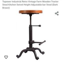  Industrial Retro Vintage Farm Wooden Tractor Stool Kitchen Swivel Height Adjustable bar Stool (Dark Brown)