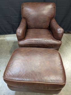 Classic Brown Leather Armchair and Ottoman Set
