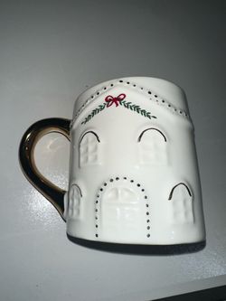 Festive Voice Christmas House Mug White Gold Handle Holiday Ceramic Cup