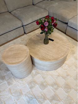 Round Faux Mars Marble/Wood colored Coffee Table of 2 Modern 31.5" Drum Center Table and 15.7" Small End Side Table Faux Travertine 2 Piece Living Roo