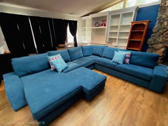 Large Teal Blue Sectional Sofa with Otomans Chaise