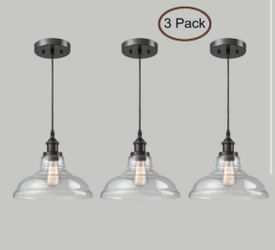 60 Watt 3 Light Bronze Finished Shaded Pendant Light with Clear glass Glass Shade and No Bulbs Included