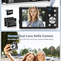 🔥Brand new🔥 4K Digital Camera for Photography, 48MP Dual Cameras for Photography, 16X Digital Zoom Point and Shoot Cameras with 32GB Card & 2 Batter