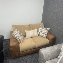 OVERSIZED SOFA & LOVESEAT – BROWN LEATHERETTE W/ CREAM LINEN SEATS
