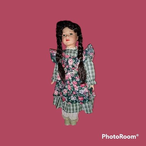 Vintage Porcelain Doll With Braids And Floral Dress
