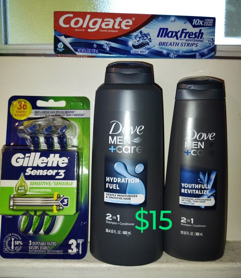 Shampoo Dove, Razor, Toothpaste
