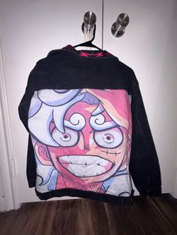 One Piece Gear 5 Luffy Graphic Black Denim Jacket – Size Medium