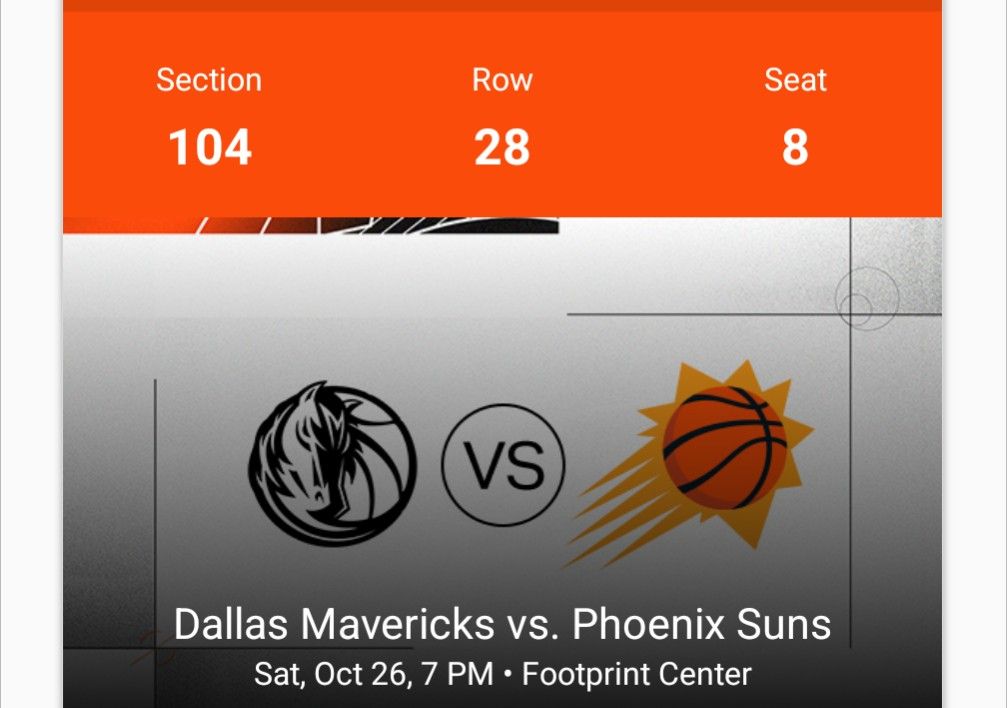 Phoenix Suns Vs Dallas Mavericks Lower Level Tickets 10/26/2024