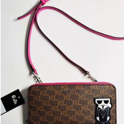 NEW Iconic Karl Lagerfeld Zip Around Wallet Crossbody Raspberry Brown KL Logo