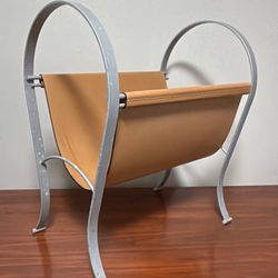 Mid Century Modern MCM Metal And Leather Magazine Rack Firewood Holder