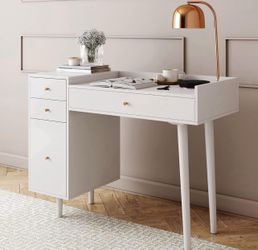Vanity Dressing Table or Makeup Desk with 4-Drawers and Brass Accent Knobs, White Wood