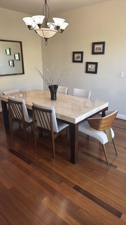 Luxury Italian Travertine Marble Dining Table + 6 Designer Chairs – Seats 6
