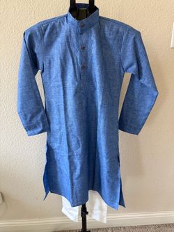 Blue Silk Kurta/Pajama subtle button details & classic placket embroidery design for Boys/Kids