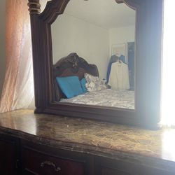 Bed Frame, Dresser With Mirror, And Two Nightstands 