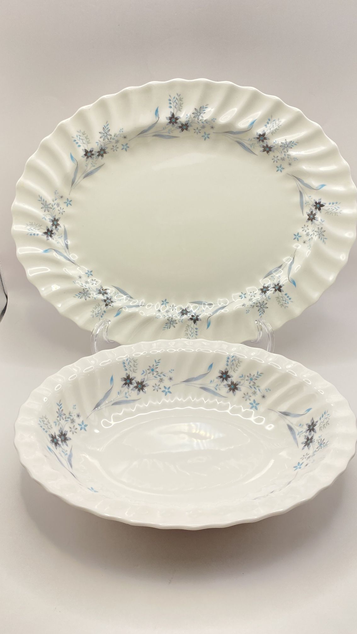VTG Royal Doulton Millefleur Set of Oval Platter & Oval Serving Bowl Winter Blue & Grey Flowers UK