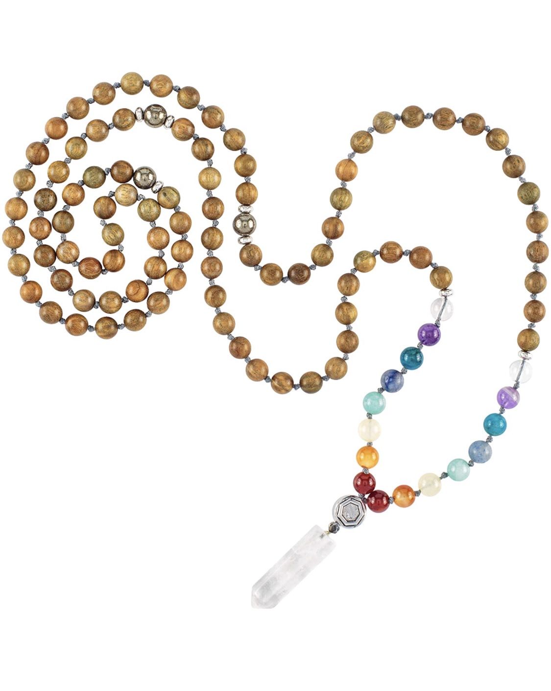 Modern ŌM 108 Premium 8mm Mala Meditation Beads | Unisex Rainbow Mala Necklace Quartz Pendant, Green Sandalwood, Genuine Gemstones Yoga Jewelry