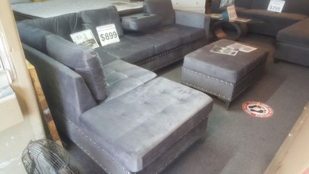 Brand new grey velvet sectional + storage ottoman