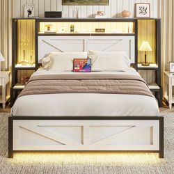 Full Size Rustic Bed Frame with Storage Born Door Headboard and Bedside Storage, Industrial Farmhouse Metal Platform Bed Frame with Charging Station a