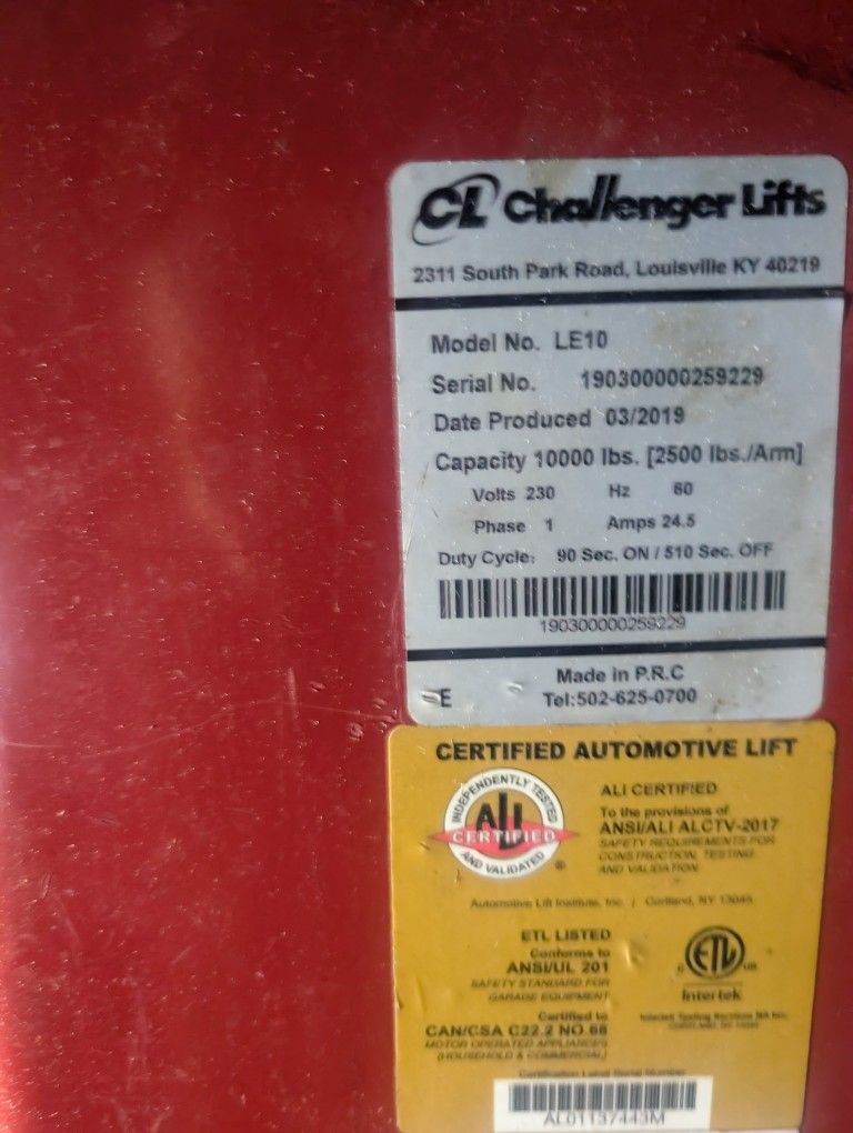 Challenger LE10 Two Post Lift 10,000 Pound Capacity