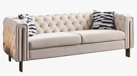 84.25''W Modern Chesterfield Tufted Sofa With Gold Metal Legs And 700 Lbs Weight Capacity